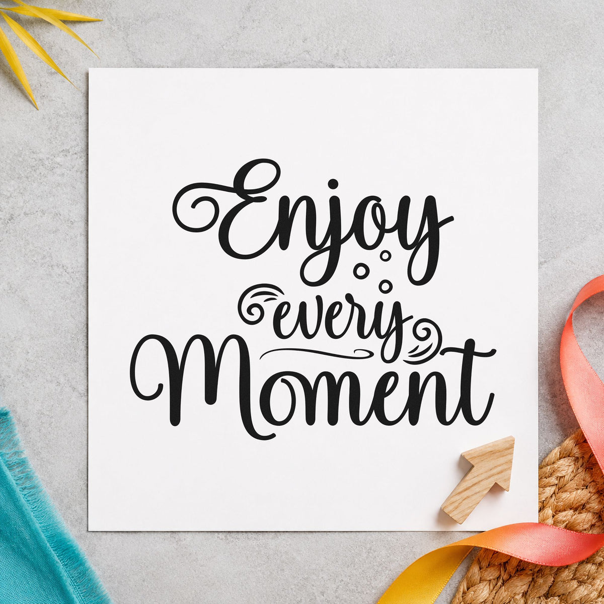 Enjoy Every Moment Flourishes rubber stamp printed in black ink, ready for ornate curl cards and similar paper crafts.