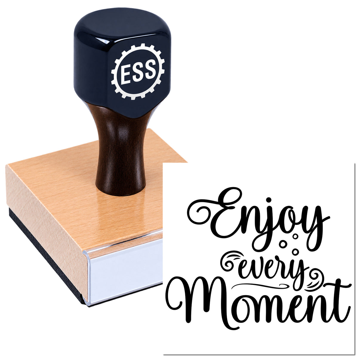 Dark navy custom stamp and seal on rose-gold block, with ESS logo and black script reading "Enjoy every Moment"