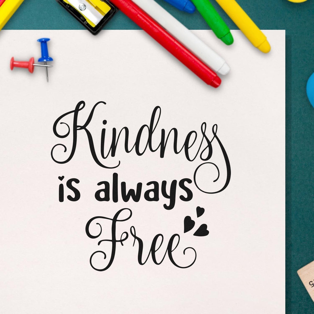 Decorative stamp and seal design with black Kindness is always Free lettering on white paper, plus red, blue, green, and yellow pens.