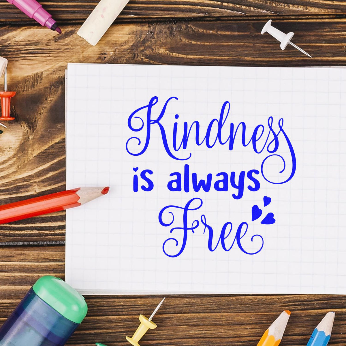 Blue Kindness is always Free on grid paper, surrounded by colorful stamp and seal supplies on rustic wood.