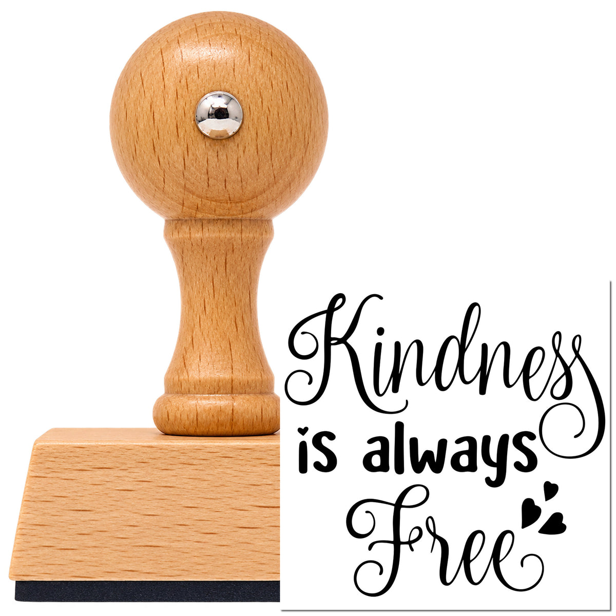 Vintage Pro beech wood stamp with a round knob handle, shown with its black Kindness Is Always Free imprint on white.