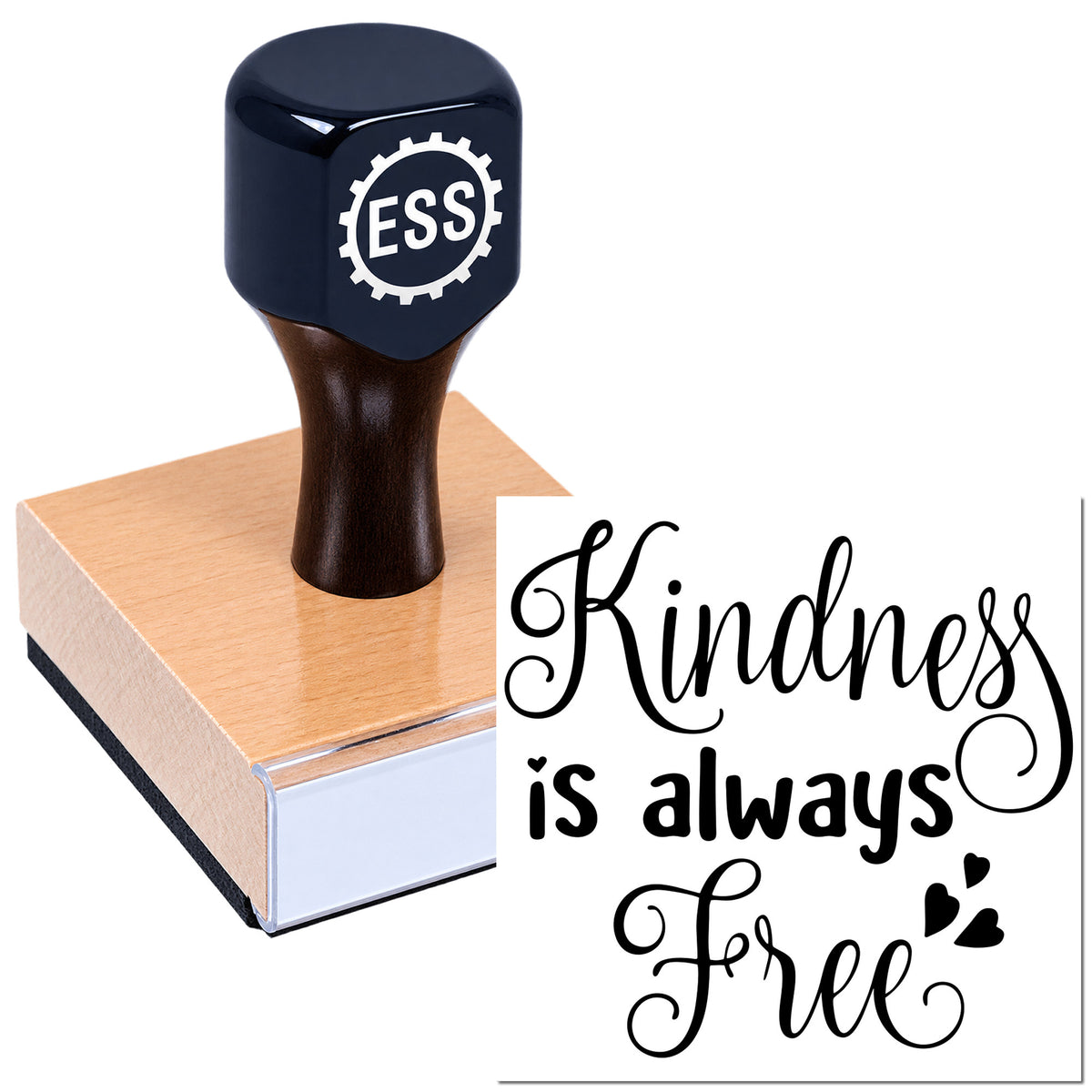 Black ESS rubber stamp and rose-gold seal block with "Kindness is always free" in elegant black script.