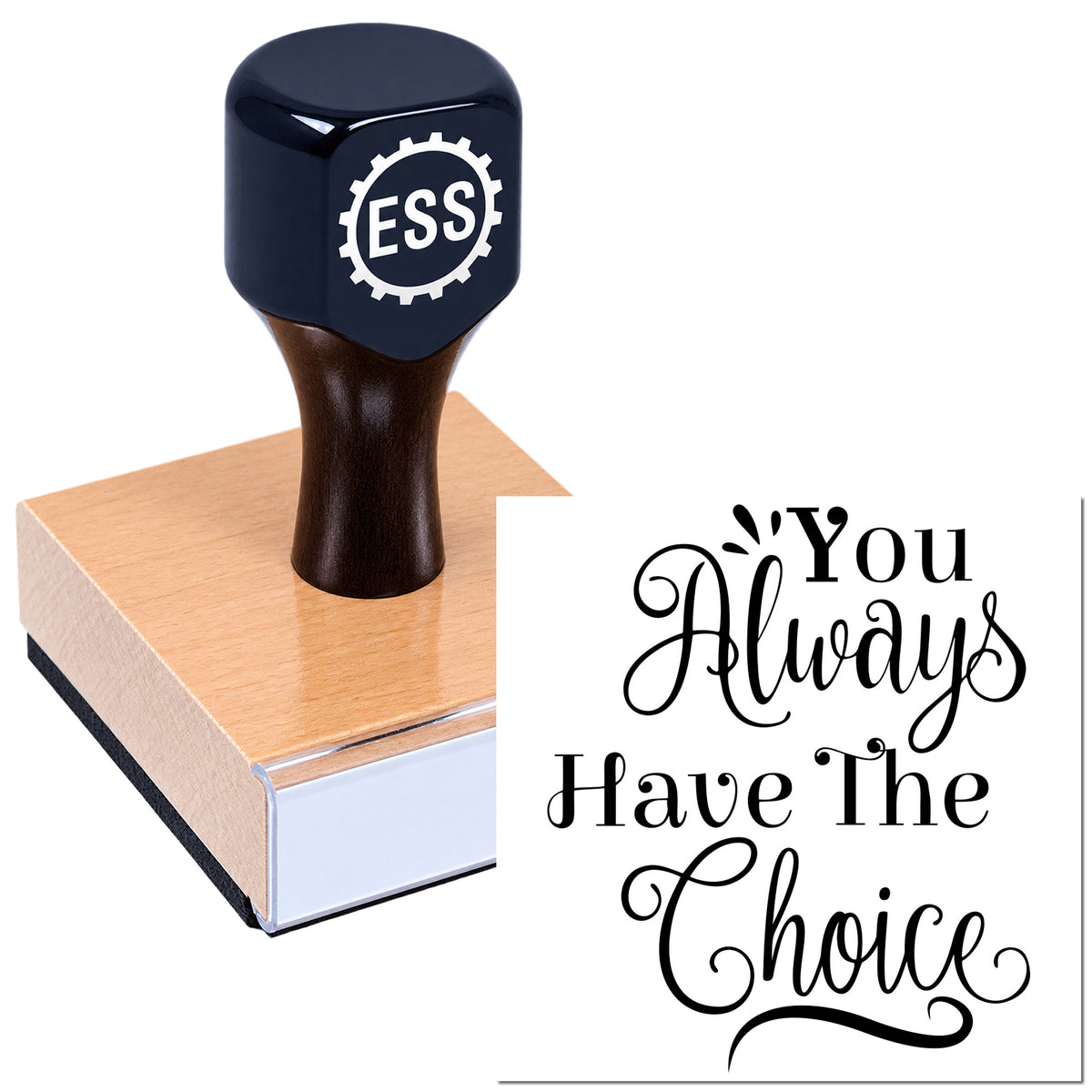 Black ESS stamp and seal on pink wax block with elegant "You Always Have the Choice" calligraphy.