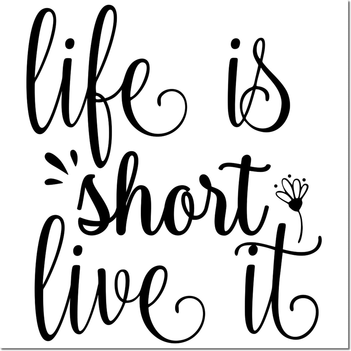 Black calligraphy stamp and seal reading life is short, live it with floral accents on a white background.