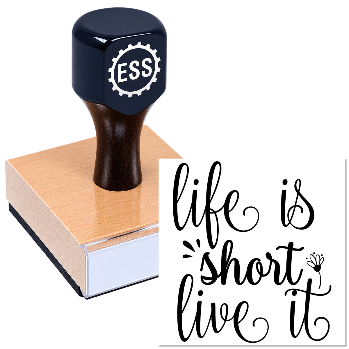 Dark navy ESS stamp seal on a pink wax block with black script imprint reading "life is short, live it"