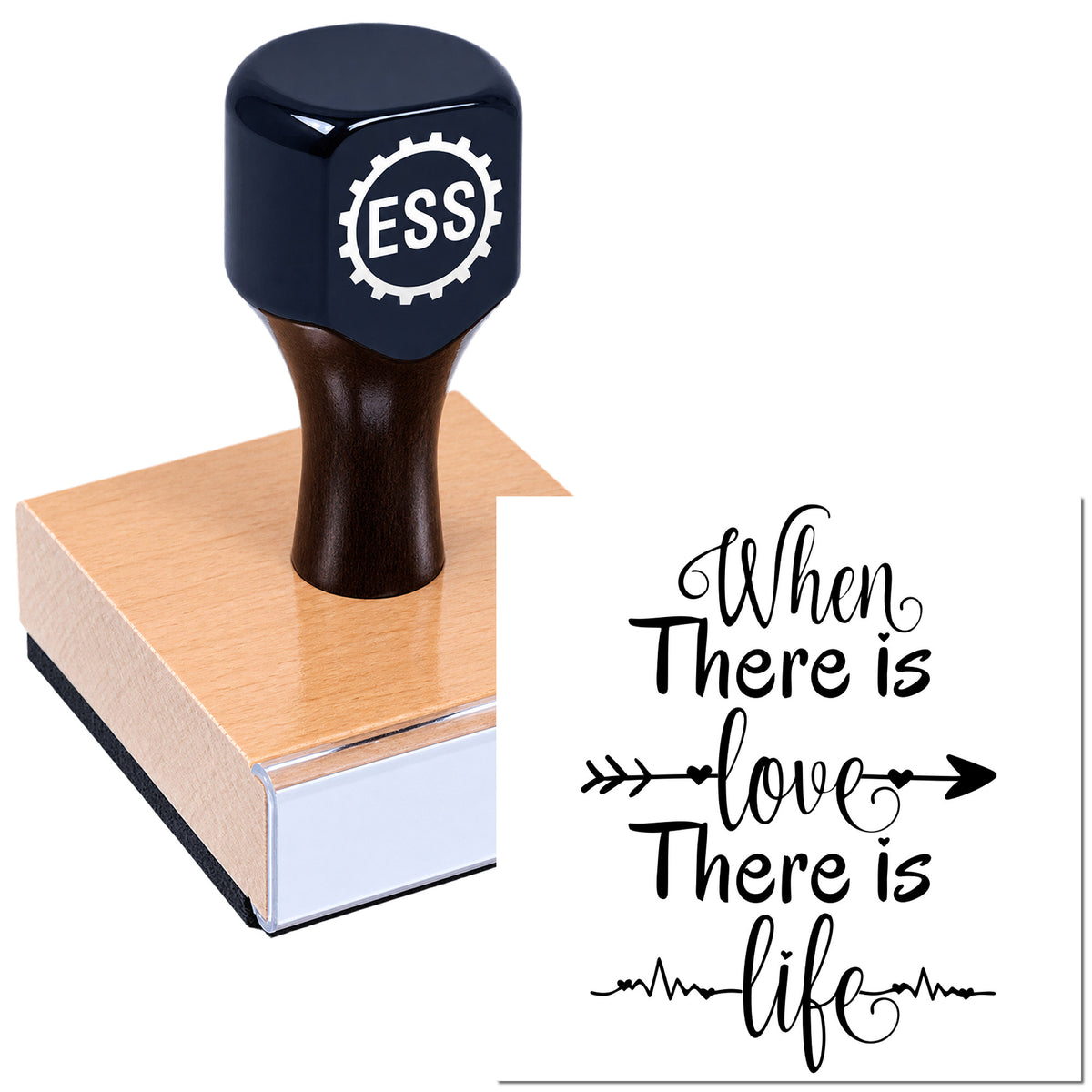 Navy ESS stamp with copper seal base beside white seal design reading "When there is love there is life" in black script.