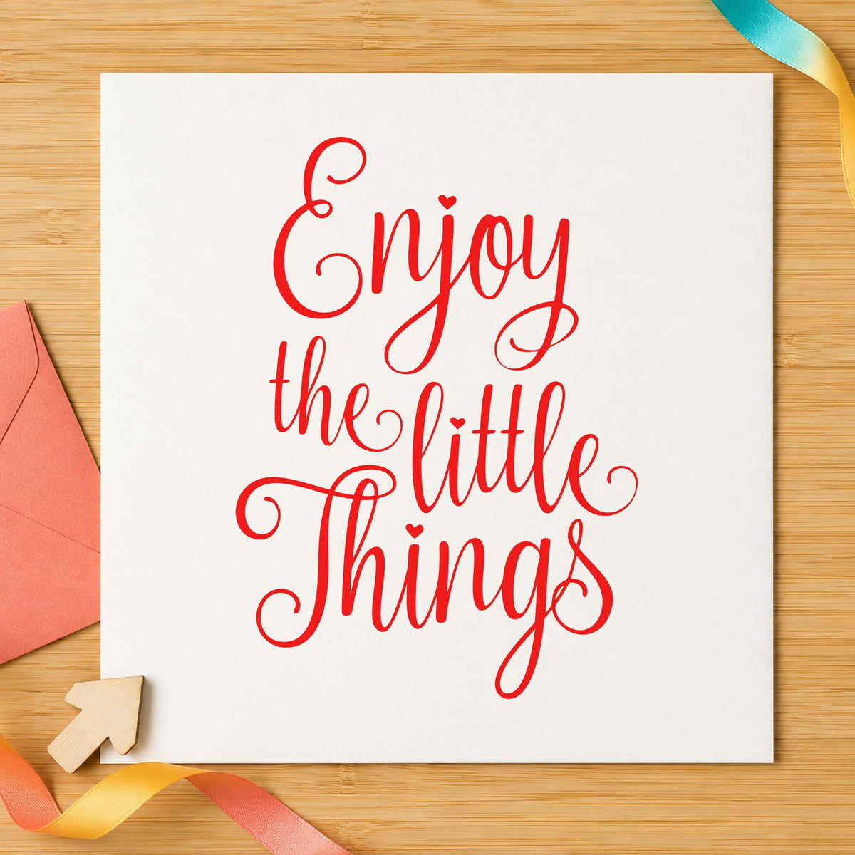 Enjoy The Little Things craft stamp imprint in red ink on a handmade project, one idea being recipe note cards.