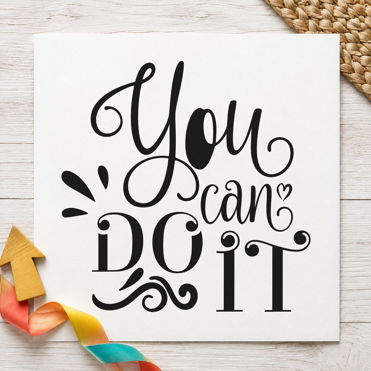 You Can Do It Flourishes craft stamp in black ink on cardstock, an easy option for milestone album page.