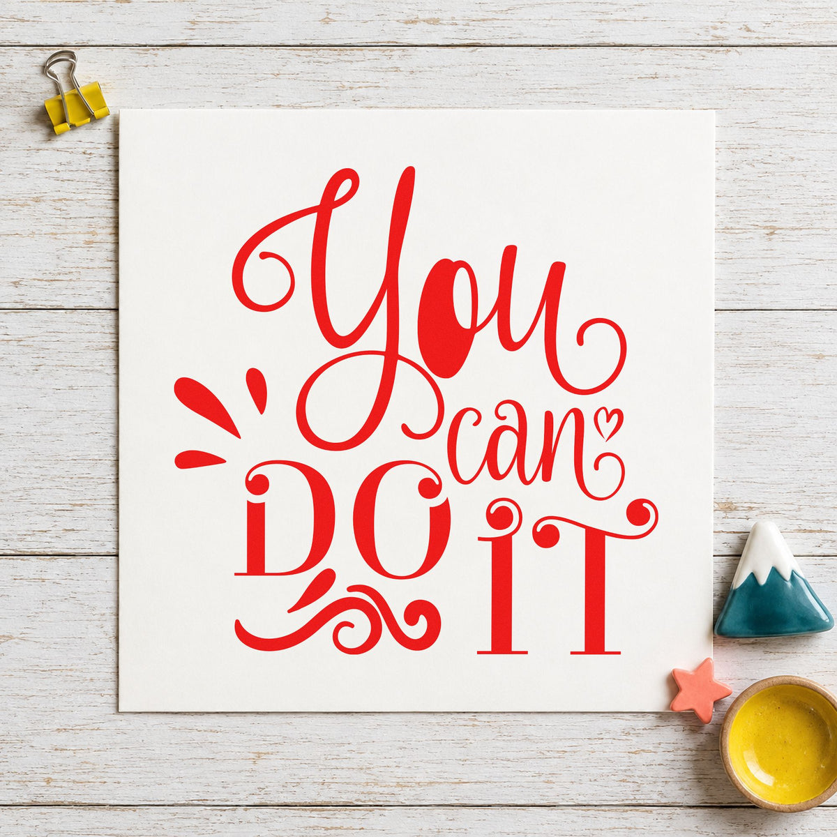 You Can Do It Flourishes rubber stamp shown in red ink, stamped for projects such as basket spare labels.