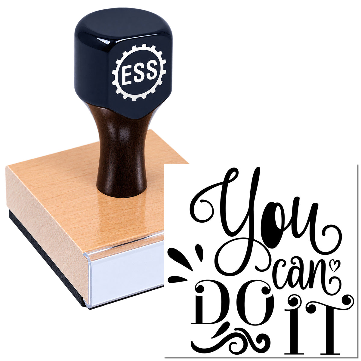 Black ESS rubber stamp on a pink block, showing "You can do it" decorative seal in bold black script.
