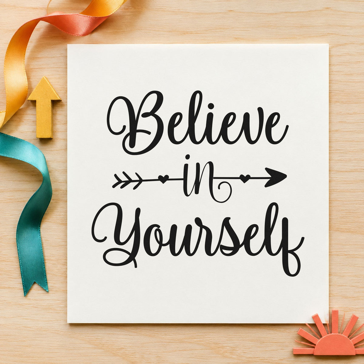 Believe In Yourself Arrow craft stamp imprint in black ink on a handmade project, one idea being dance bag gift tags.
