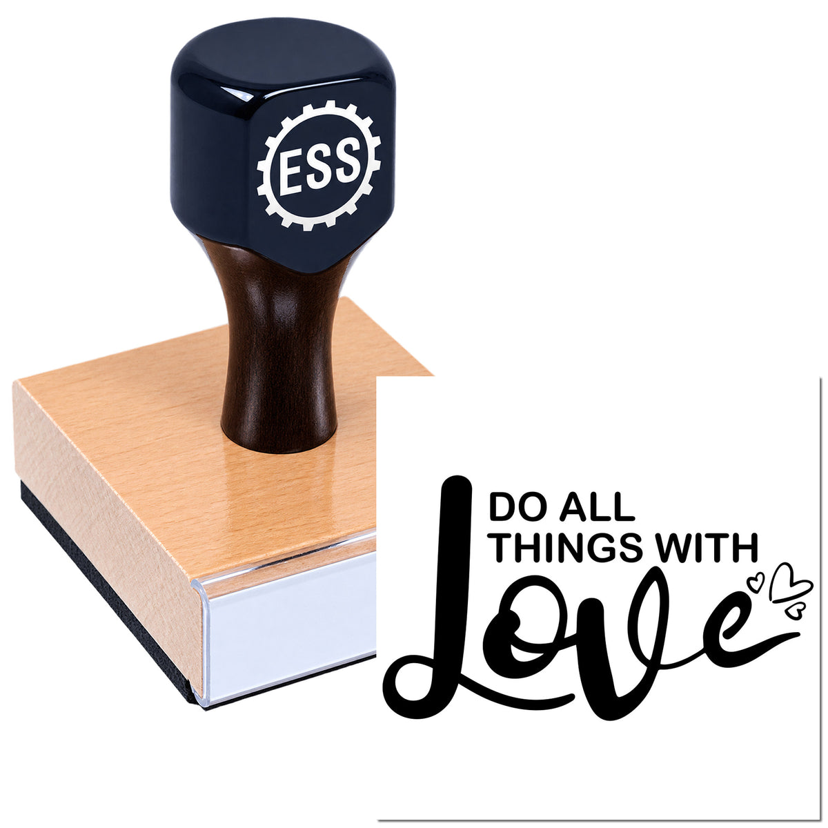 Black ESS rubber stamp and seal on a wooden block beside a white card reading Do all things with love.