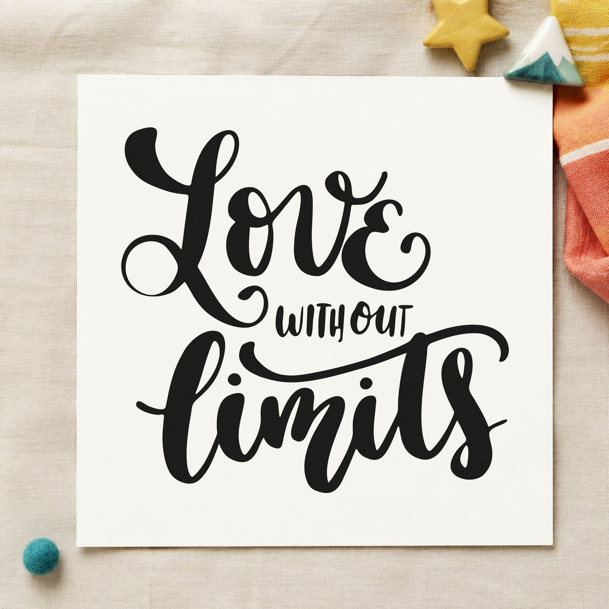 Love Without Limits Script craft stamp imprint in black ink on a handmade project, one idea being welcome basket tags.