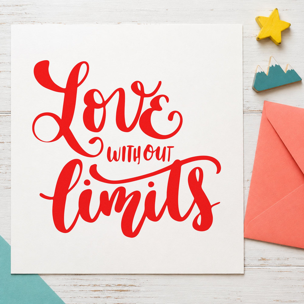 Love Without Limits Script rubber stamp shown in red ink, stamped for projects such as bin toy labels.