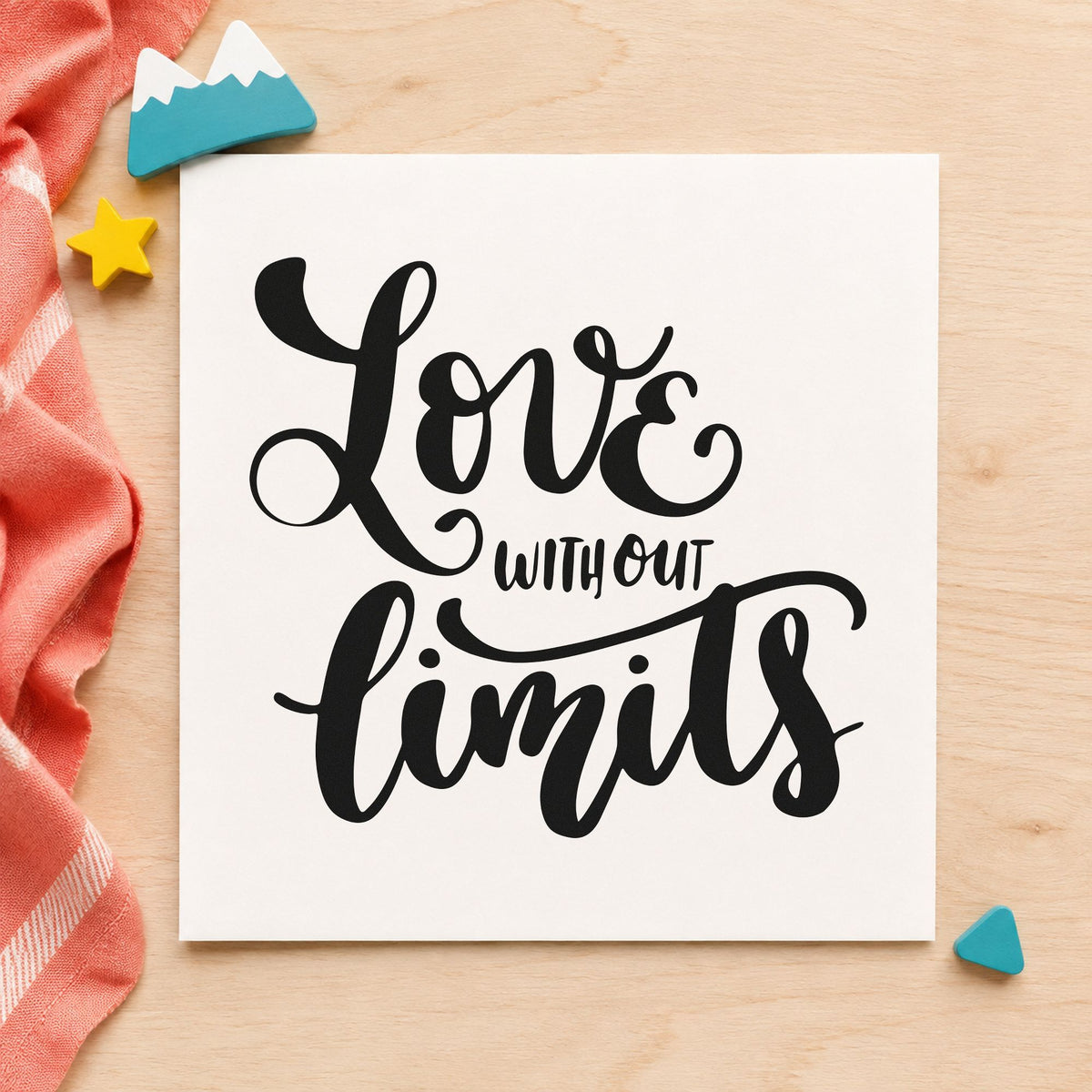 Love Without Limits Script rubber stamp printed in black ink, ready for sweeping stroke cards and similar paper crafts.