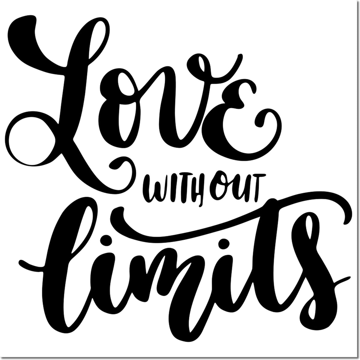 Black script stamp and seal reading Love Without Limits on a white background.