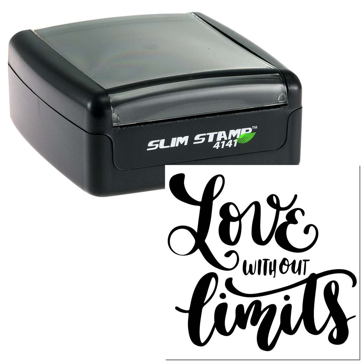 Black self-inking Slim Stamp 4141 with clear top, showing a custom seal design reading Love Without Limits.