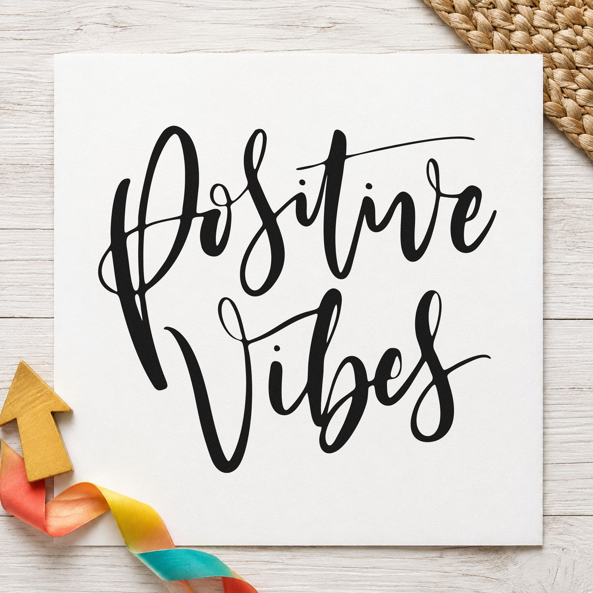 Positive Vibes Brush Script rubber stamp printed in black ink, ready for swell log sheet and similar paper crafts.