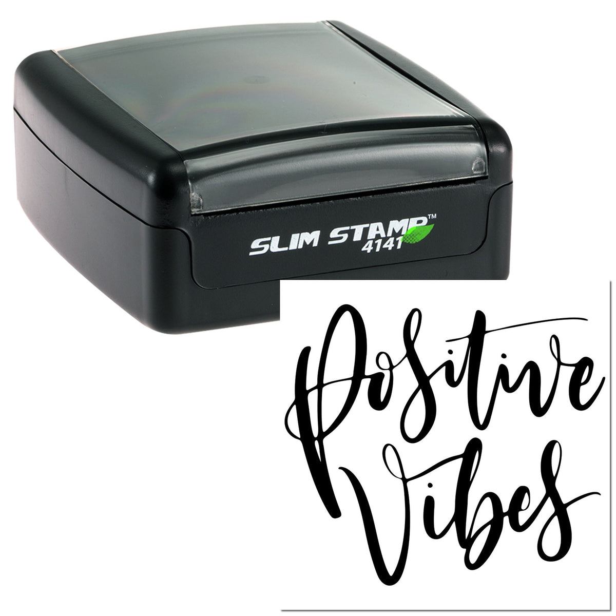 Black self-inking stamp with gray translucent lid, showing a white seal impression reading Positive Vibes.
