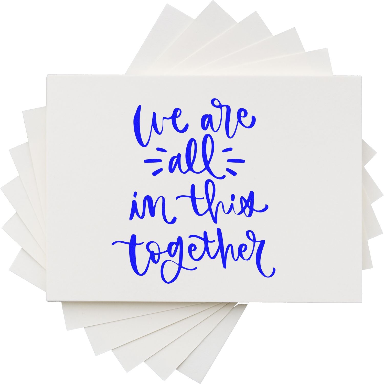 White stamp and seal sample cards with blue script reading we are all in this together