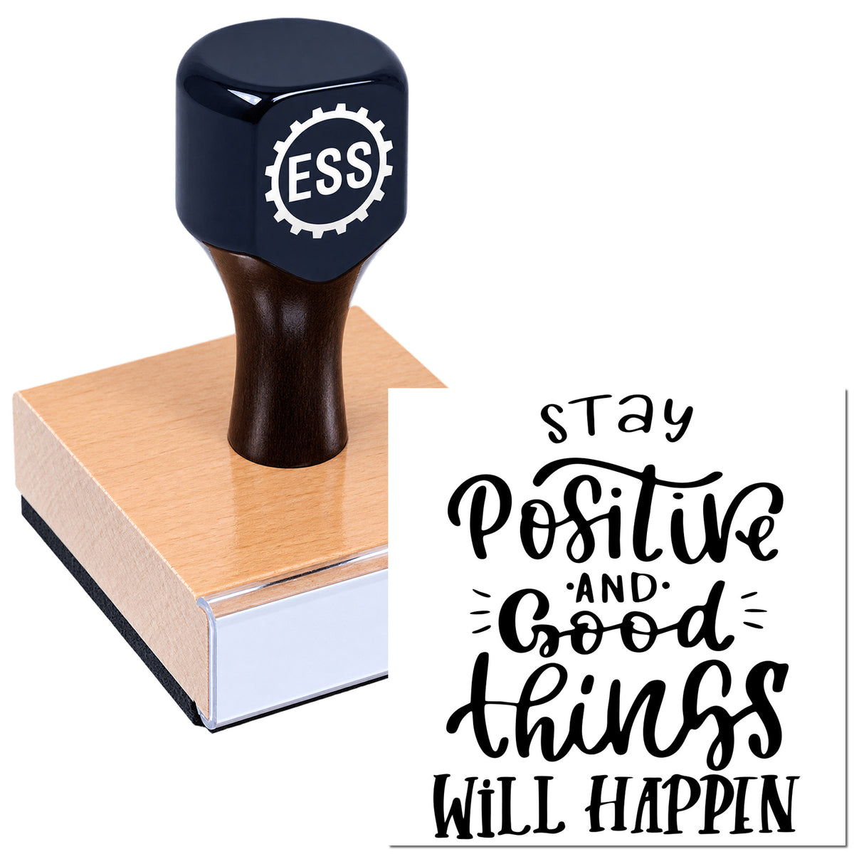 Black ESSI stamp and seal on a copper-toned block with "stay positive and good things will happen" design