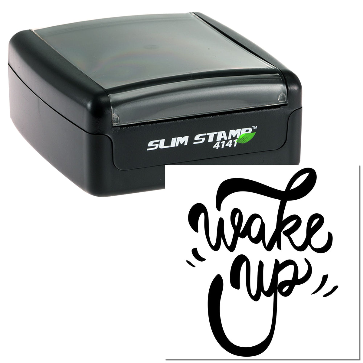 Black slim self-inking stamp with translucent gray lid beside a black script seal impression on a white background.