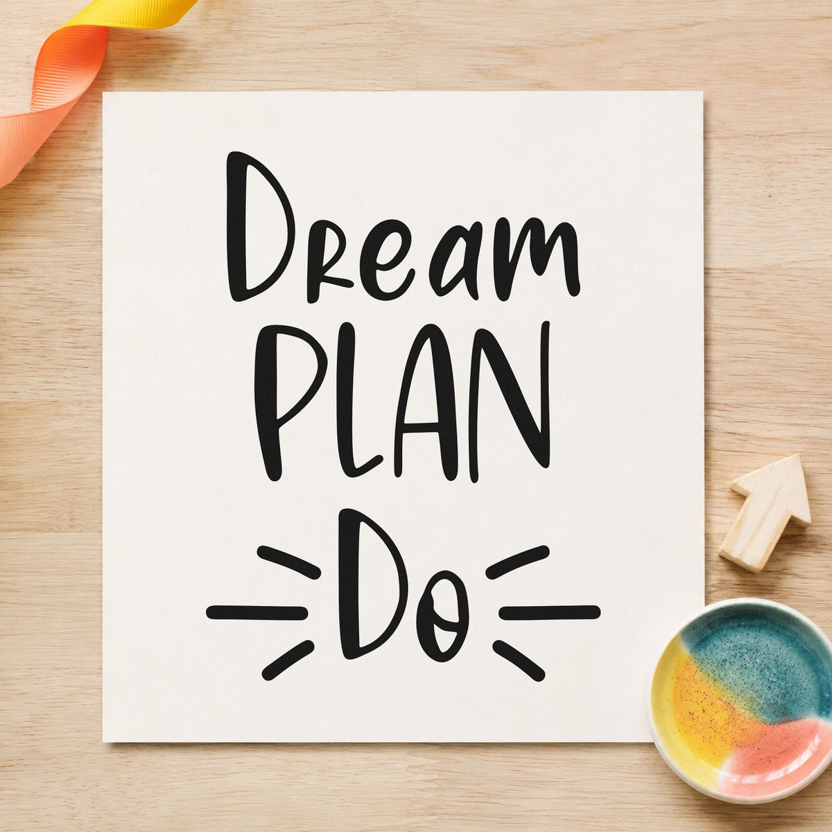Dream Plan Do Lettering craft stamp in black ink on cardstock, an easy option for renovation album page.