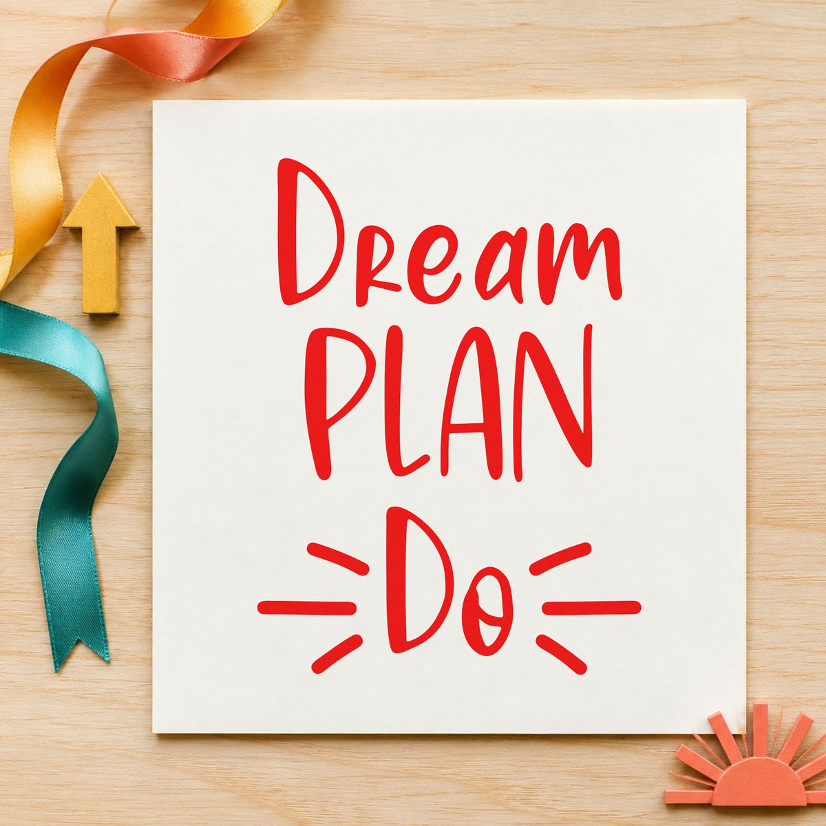 Dream Plan Do Lettering rubber stamp shown in red ink, stamped for projects such as bin fastener labels.