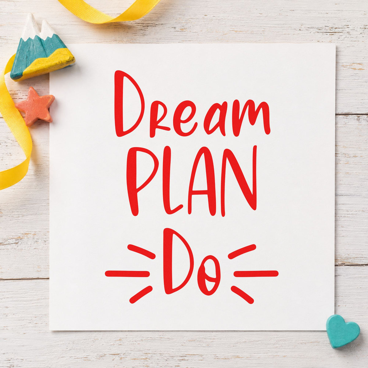 Dream Plan Do Lettering craft stamp imprint in red ink on a handmade project, one idea being punch list cards.