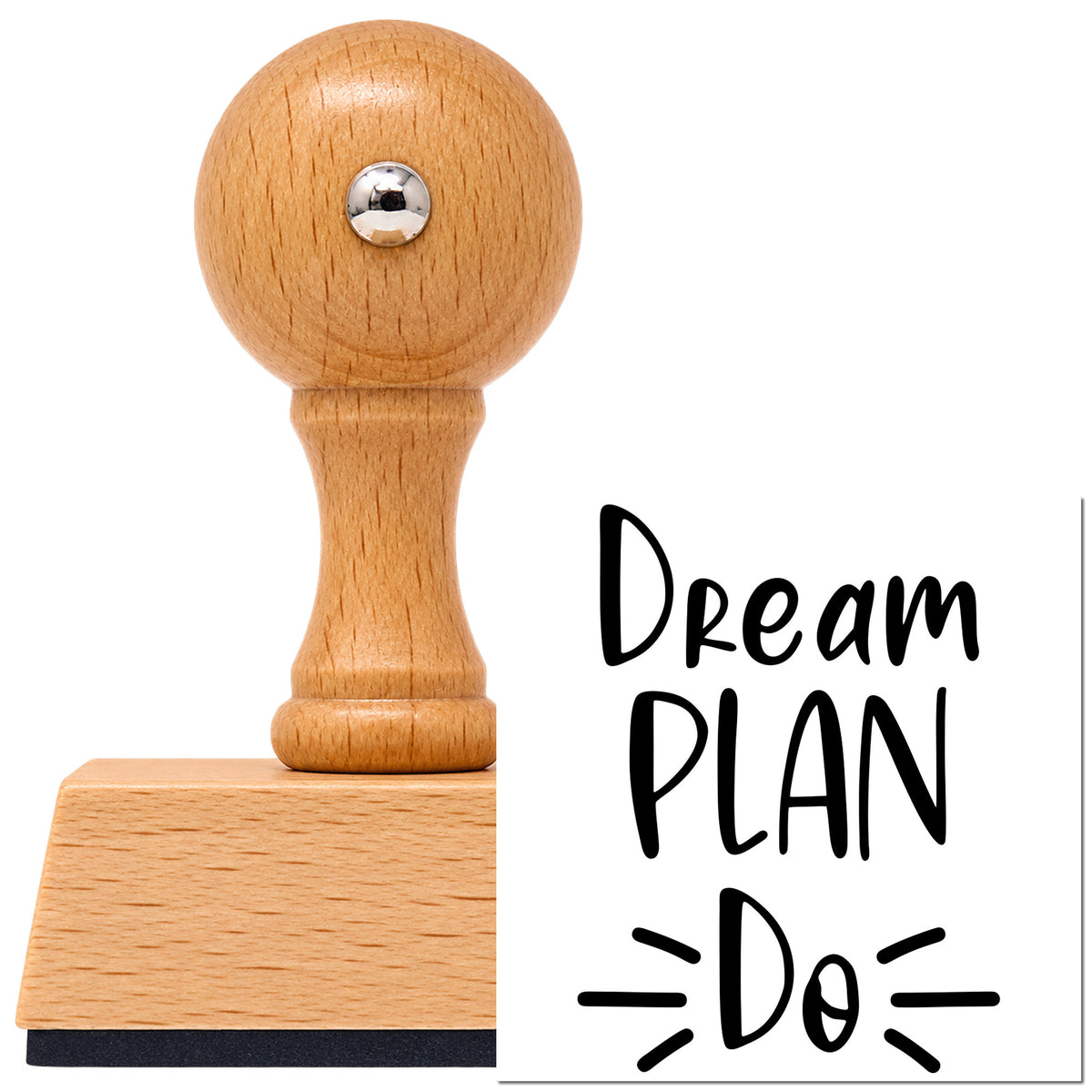 Vintage Pro beech wood stamp with a round knob handle, shown with its black Dream Plan Do imprint on white.