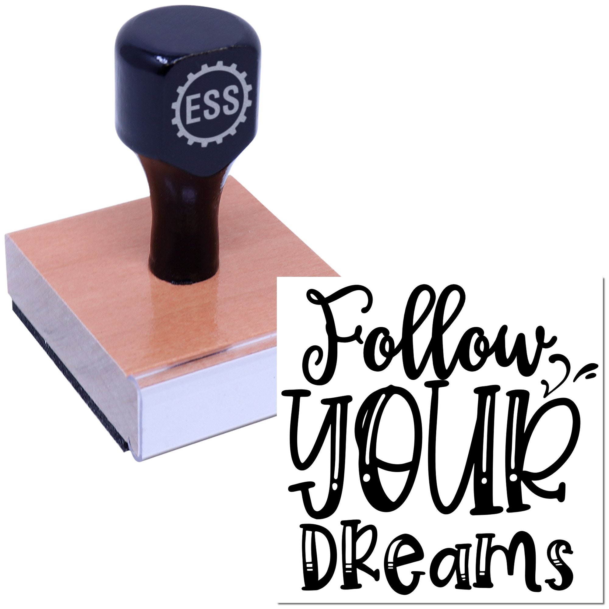 Dark navy ESS custom stamp and seal on copper block with black Follow your dreams calligraphy.