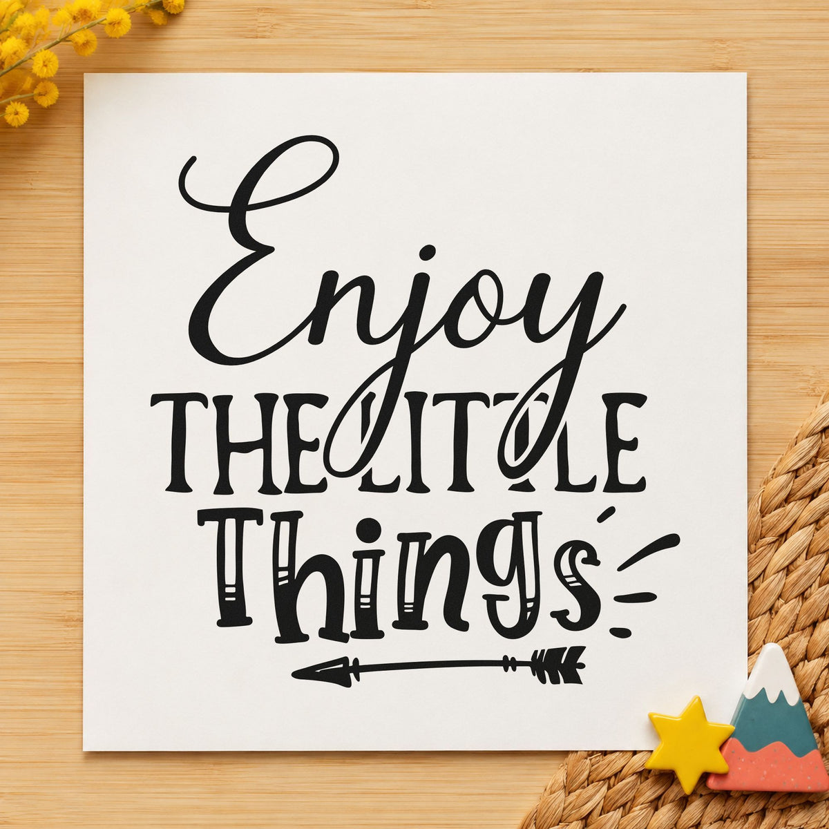 Enjoy The Little Things Arrow craft stamp imprint in black ink on a handmade project, one idea being kit box gift tags.