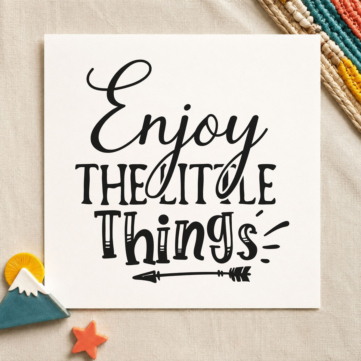 Enjoy The Little Things Arrow rubber stamp printed in black ink, ready for left arrow cards and similar paper crafts.