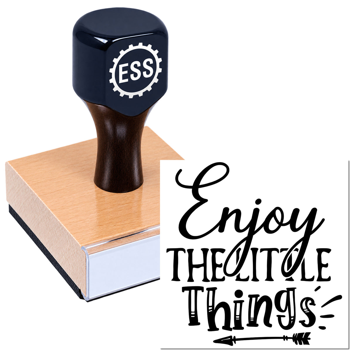 Dark navy ESS stamp and seal on a pink wooden block, with an "Enjoy the little things" impression.