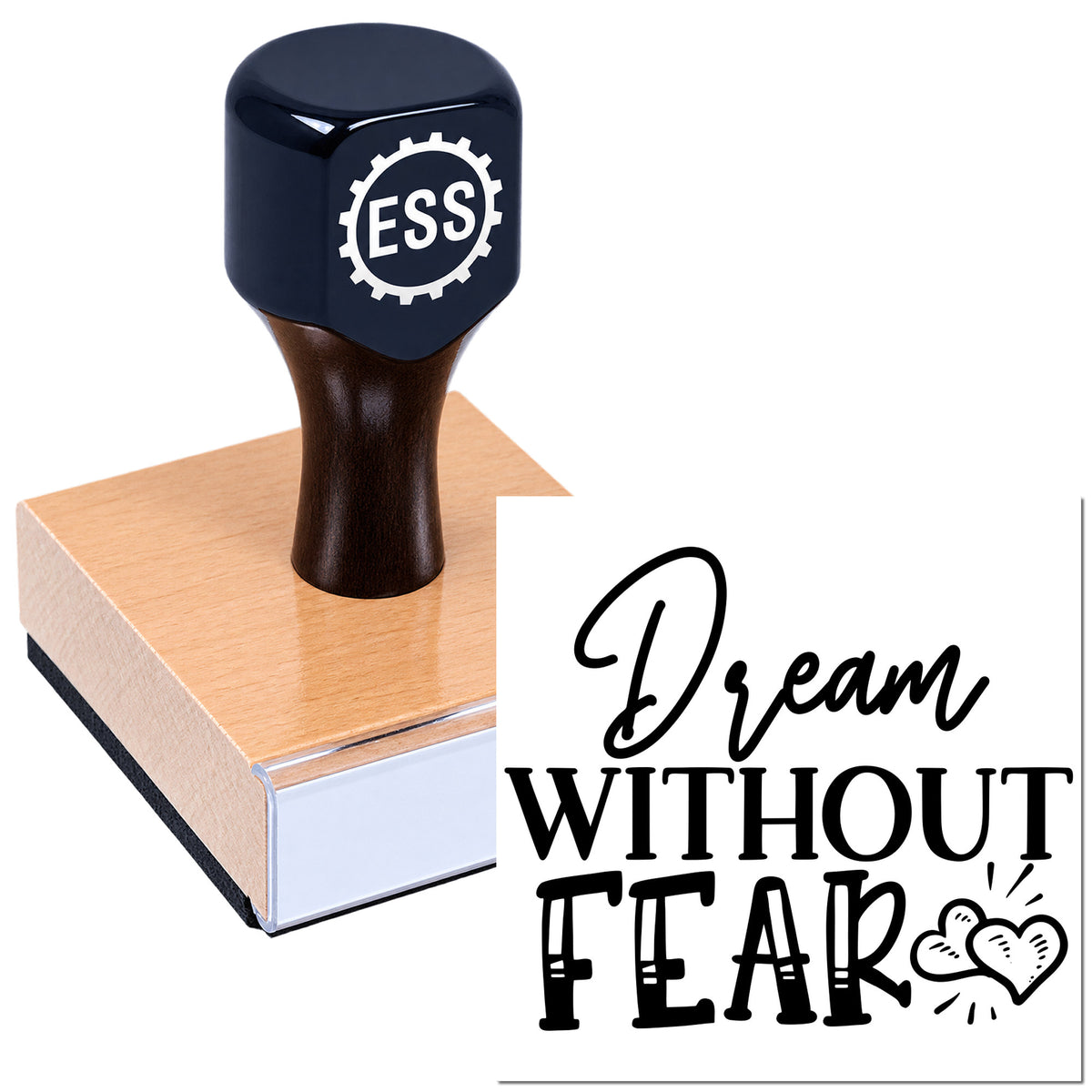 Black ESI stamp and seal on copper-toned base with "Dream without fear" text.