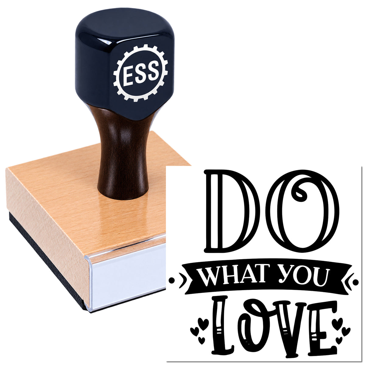 Black ESS stamp and seal on a wood block with "Do What You Love" design in black and white.