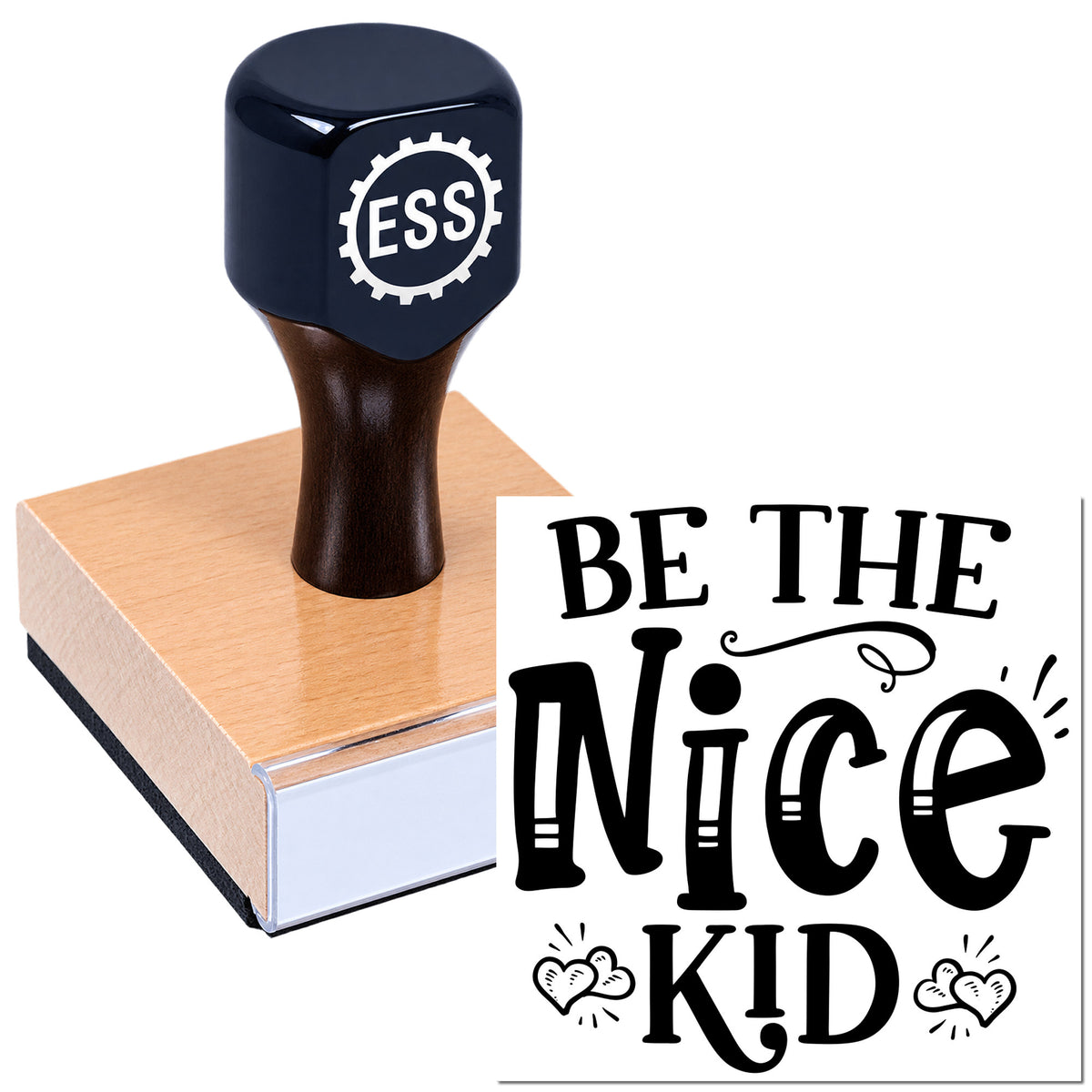 Black custom rubber stamp and seal with ESS logo, printing "BE THE NICE KID" in bold black letters with hearts.