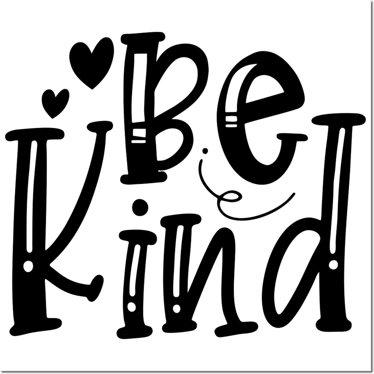 Black I ? P.E. Kind decorative stamp and seal design on white, with hearts and playful bold lettering.