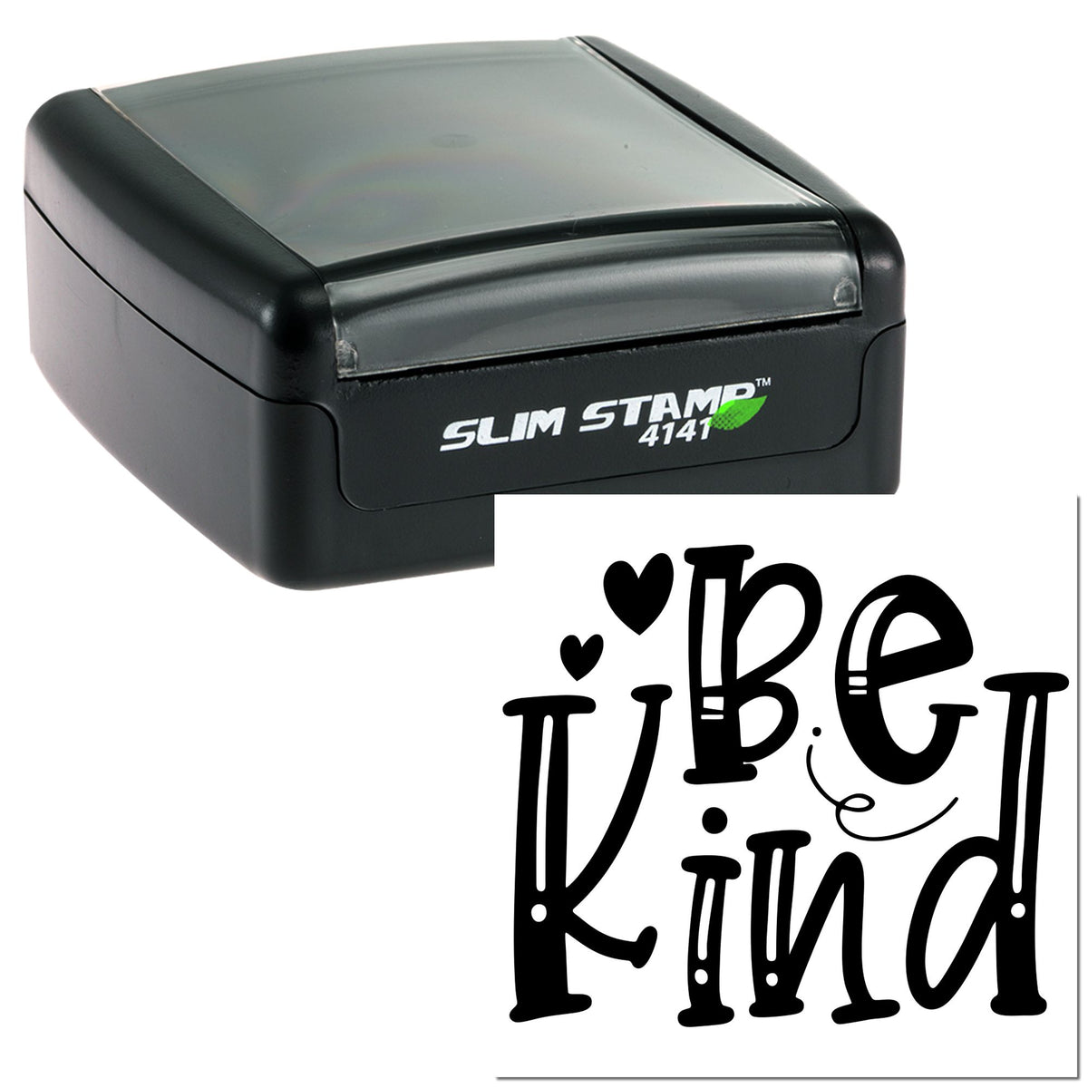 Black slim self-inking stamp with clear cover and Be Kind seal graphic with hearts on white background.
