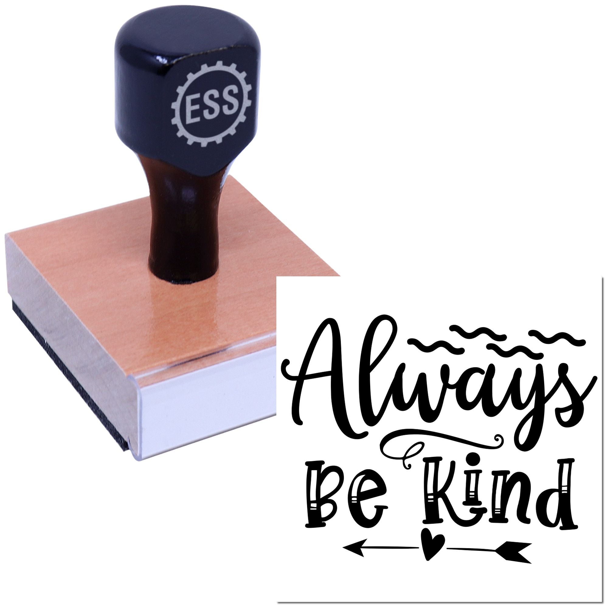 Black ESSI rubber stamp and seal on wooden block with Always Be Kind script, black text on white background.