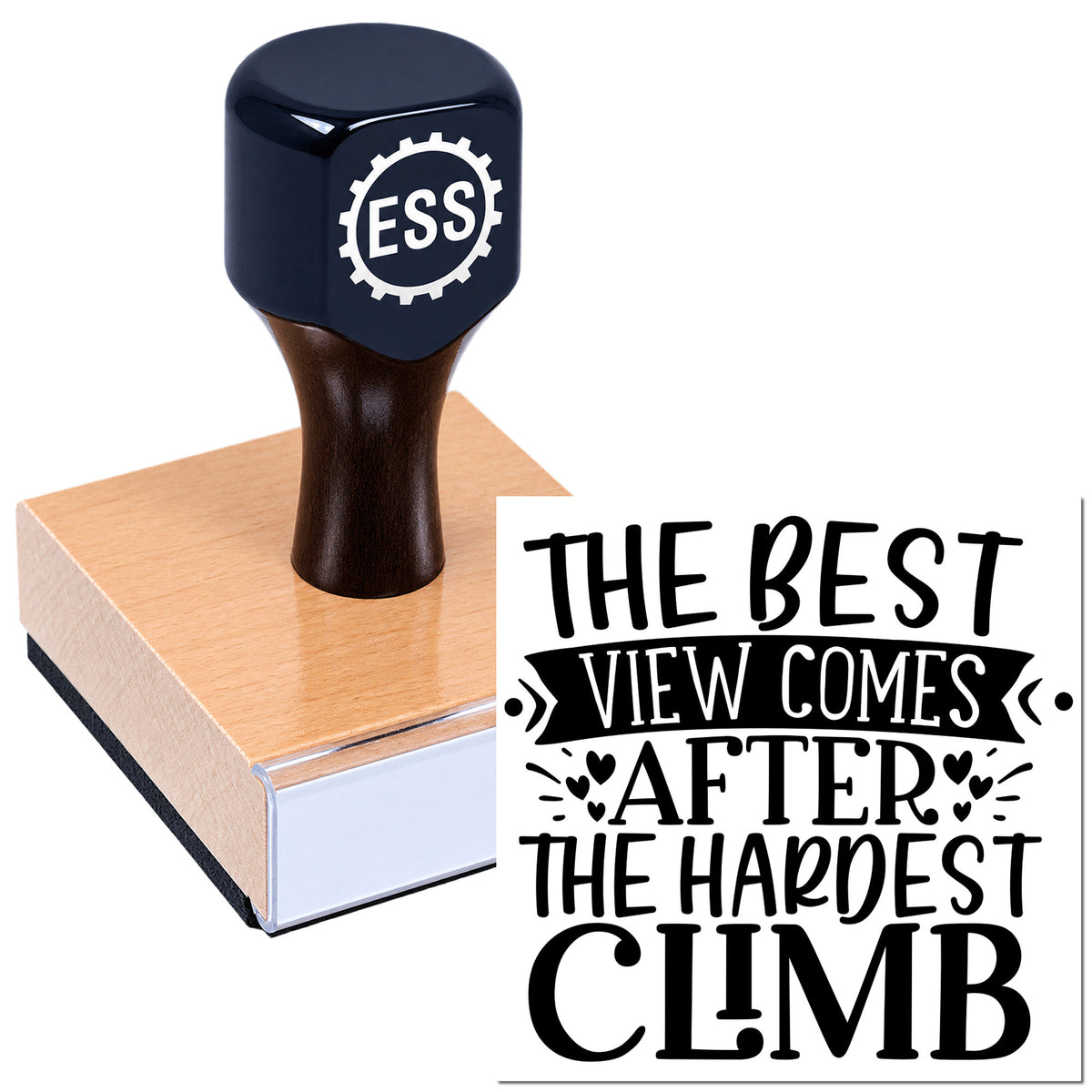 Navy custom stamp with ESS logo on pink base beside black motivational seal reading "The Best View Comes After the Hardest Climb."