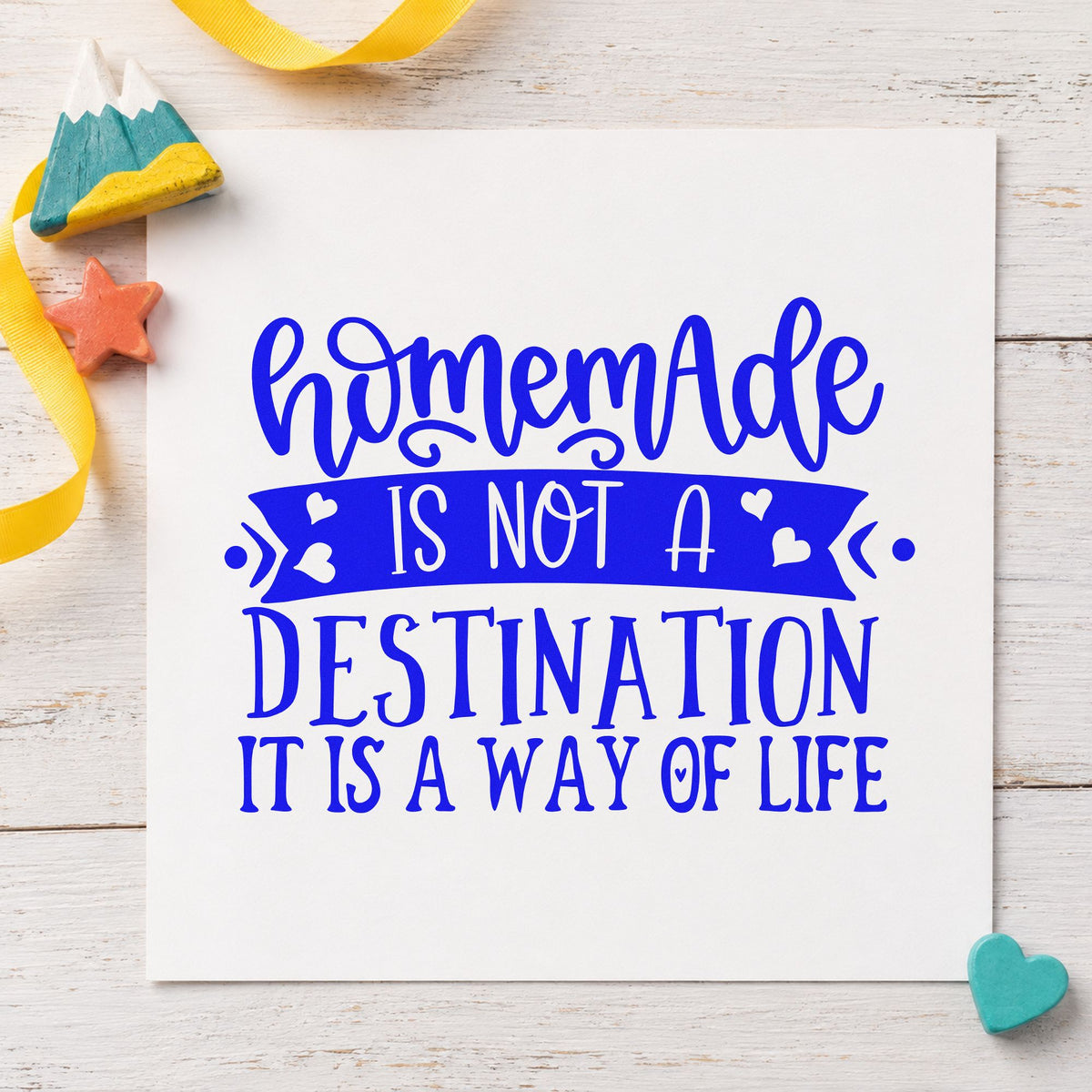 Homemade Way Of Life craft stamp in blue ink on cardstock, an easy option for stall cloth printing.