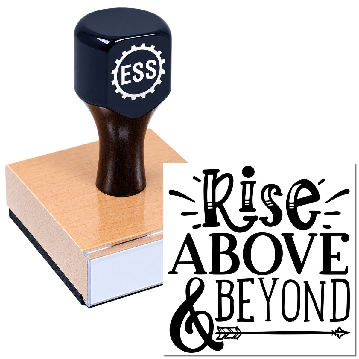 Black ESS rubber stamp and seal on a wooden block, with "Rise Above & Beyond" design on white background.