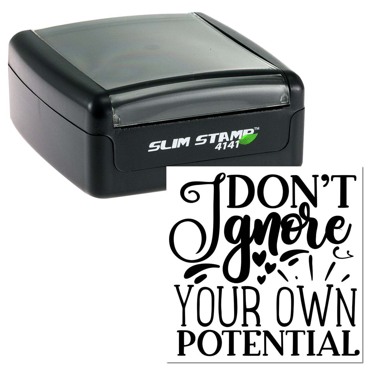 Black self-inking Slim Stamp 4141 seal with clear lid, showing Dont tamper your own potential imprint.