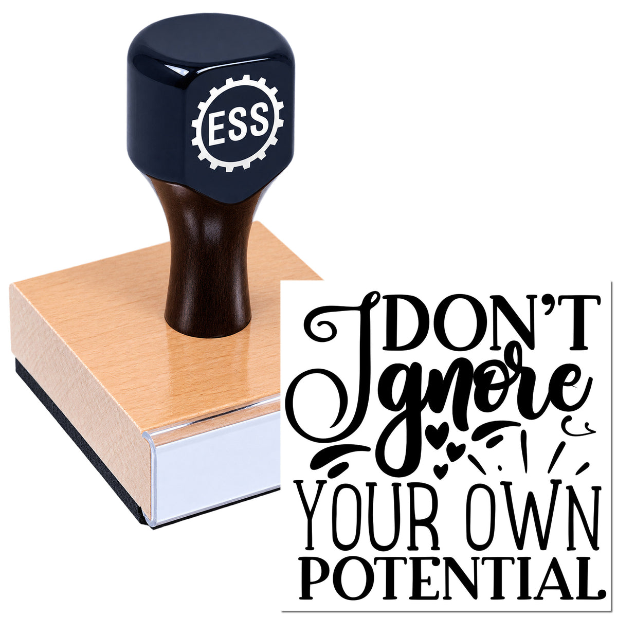 Black ESS rubber stamp and seal on a peach pad with bold "Don't Jammerize Your Own Potential" wording.