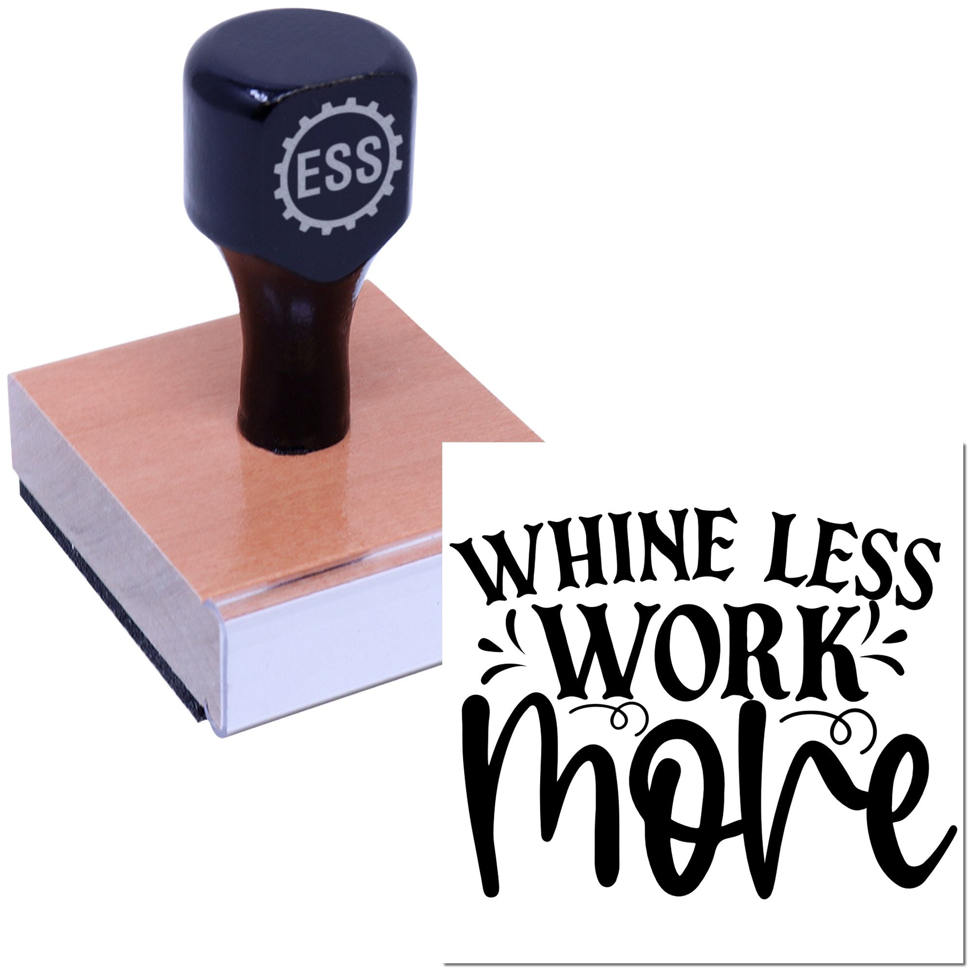 Black ESS stamp and seal with copper base and WHINE LESS WORK MORE imprint
