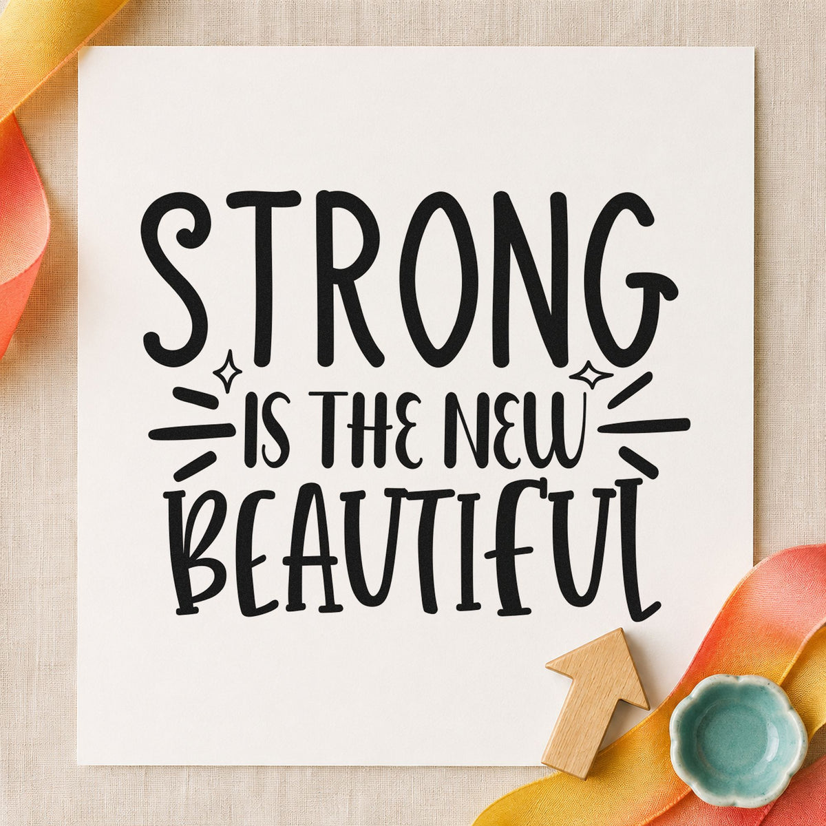 Strong New Beautiful Lettering rubber stamp printed in black ink, ready for erg split sheet and similar paper crafts.