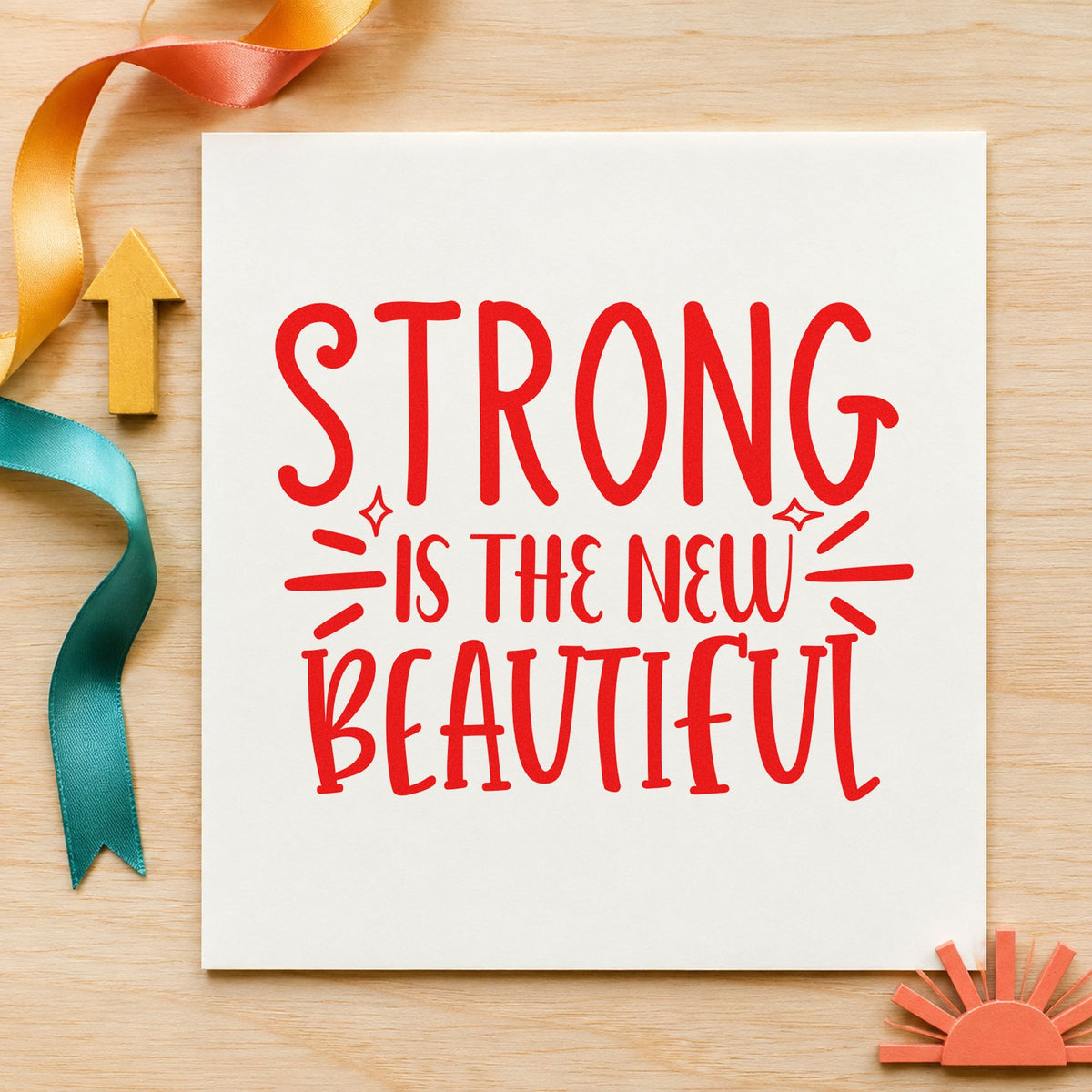 Strong New Beautiful Lettering rubber stamp shown in red ink, stamped for projects such as rack oar labels.