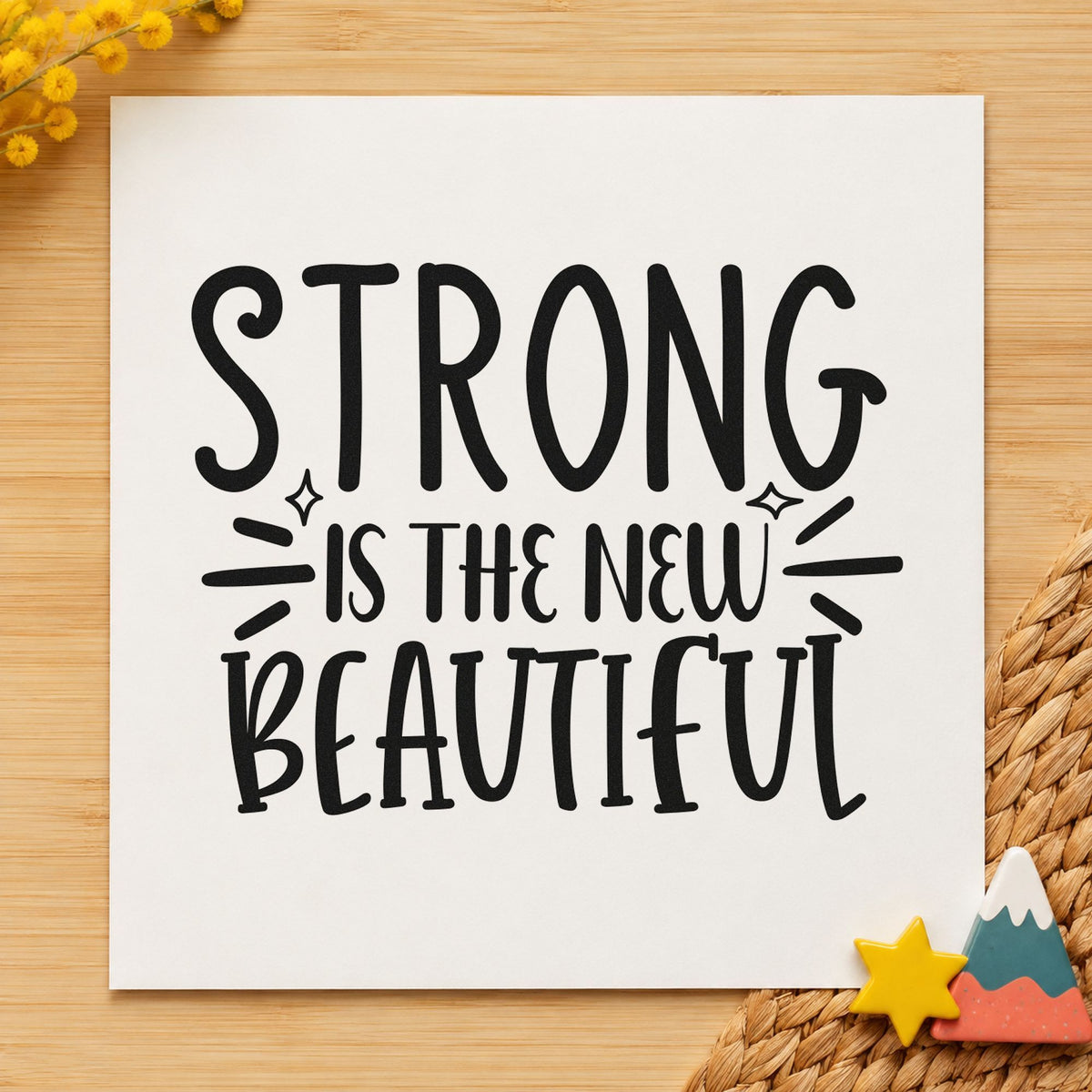 Strong New Beautiful Lettering rubber stamp printed in black ink, ready for stacked mark cards and similar paper crafts.