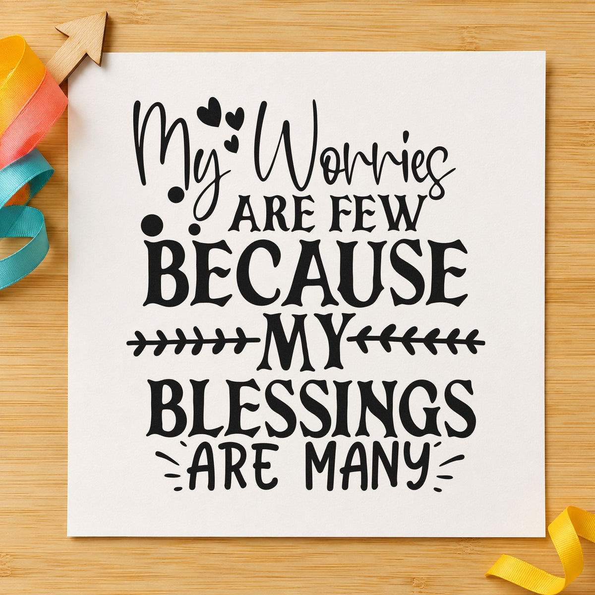 Worries Few Blessings Many craft stamp imprint in black ink on a handmade project, one idea being leftover tin gift tags.